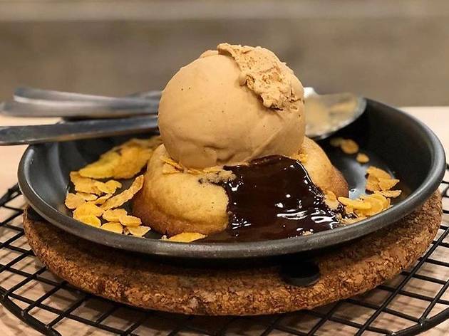 Kooks Creamery Molten lava cookie with a scoop of ice cream from Kooks Creamery