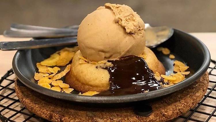 Molten lava cookie with a scoop of ice cream from Kooks Creamery