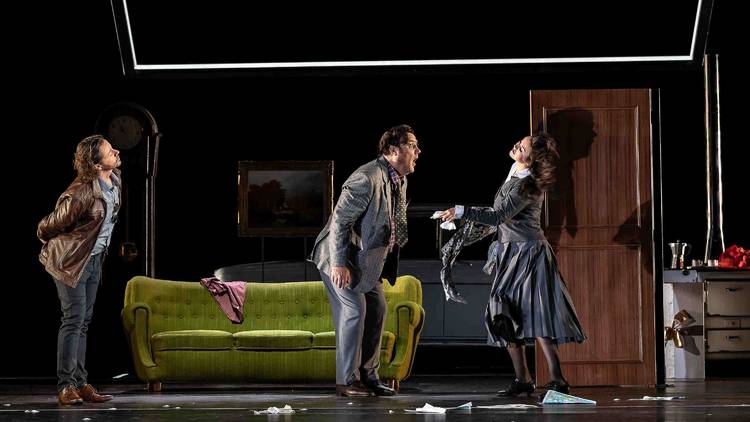 DON PASQUALE by Donizetti;Royal Opera House;Covent Garden;London, UK;12 October 2019;Don Pasquale - Bryn Terfel;Norina -  Olga Peretyatko;Doctor Malatesta - Marcus Werba (left); Conductor  -  Evelino Pidò;Director -  Damiano Michieletto; Set designer -  P