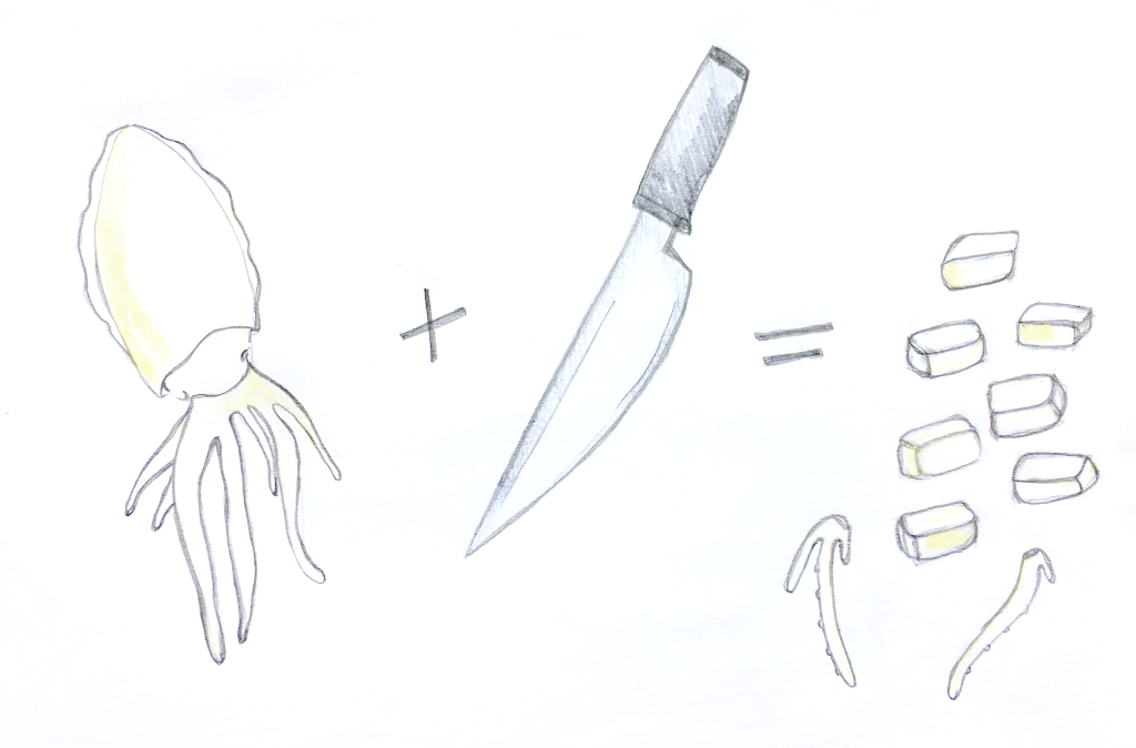 Ilustración de una sepia, paso de una receta de arroz