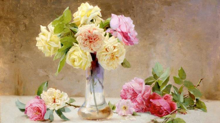 A still life painting of roses in a glass jar