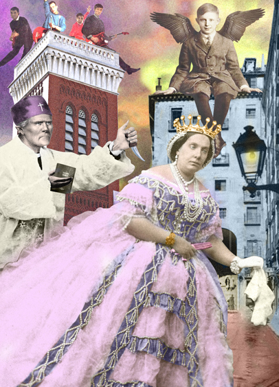 Collage de Amaya Lalanda con el Cura Merino y la reina Isabel