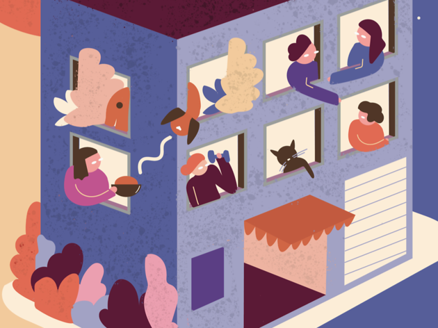 Actividades para hacer dentro de casa Ilustración de personas dentro de un edificio por la cuarentena