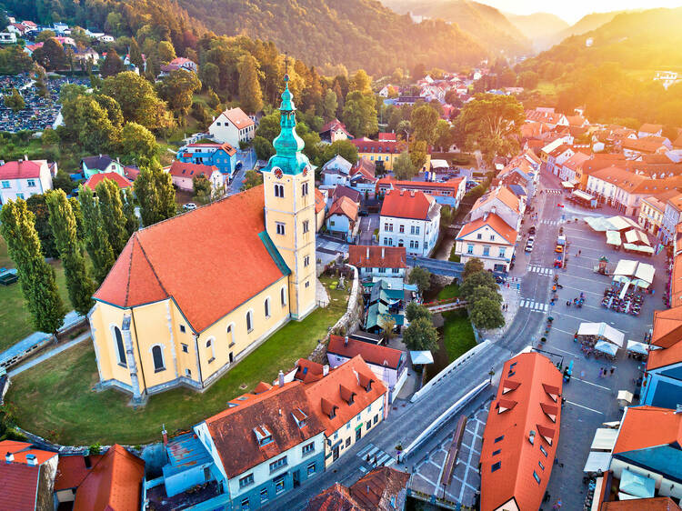 Town of Samobor square aerial burning sunset view