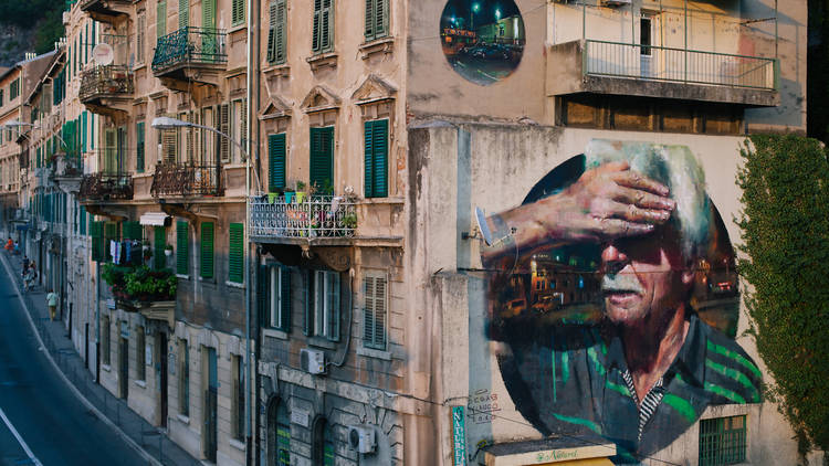 After Ukraine and Italy, Sebas Velasco recently stopped in Rijeka, Croatia, where he painted another signature mural mixing portraiture and night time cityscape. 