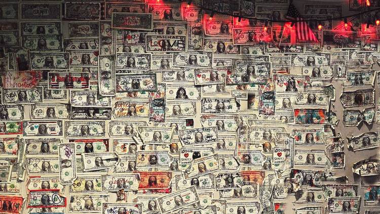 dollar bills, $1 bills, dollars, bar, dive bar, dollar wall, dollars on wall, shutterstock