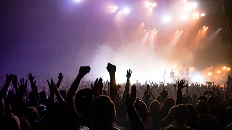 Crowd at a concert, with lights and smoke