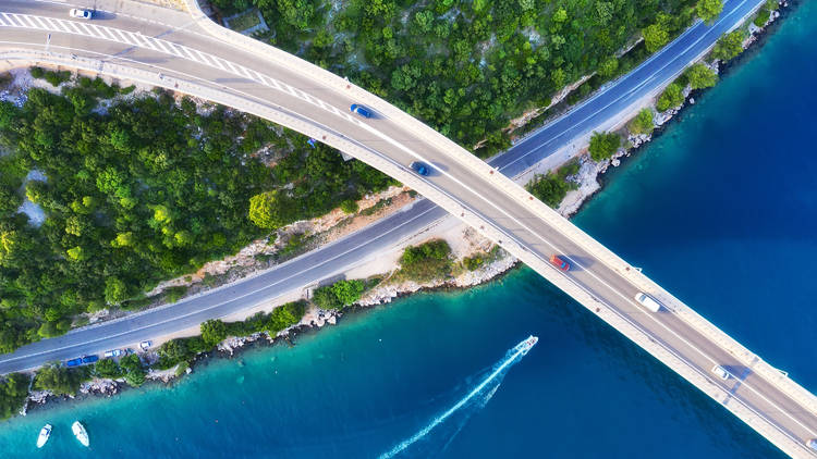 Aerial view on bridge above sea in Dalmatia region