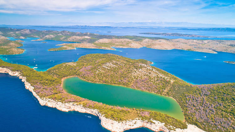 Telascica nature park and green Mir lake on Dugi Otok island aer