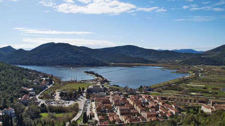 Salt fields, a result of the nearby Adriatic, stretch across Ston on the Pelješac peninsula