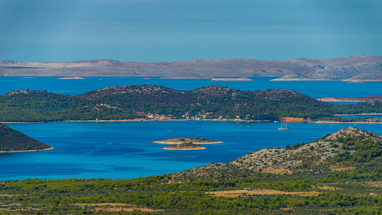 Vransko Lake and Kornati Islands. View from Kamenjak hill. Dalma