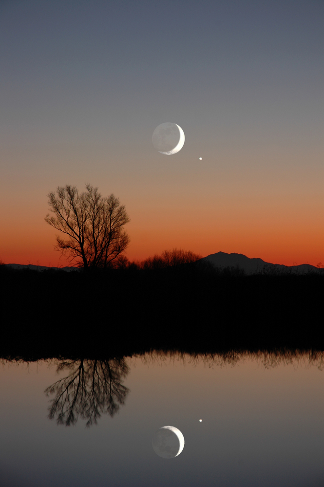 Moon and Venus in the night sky. 