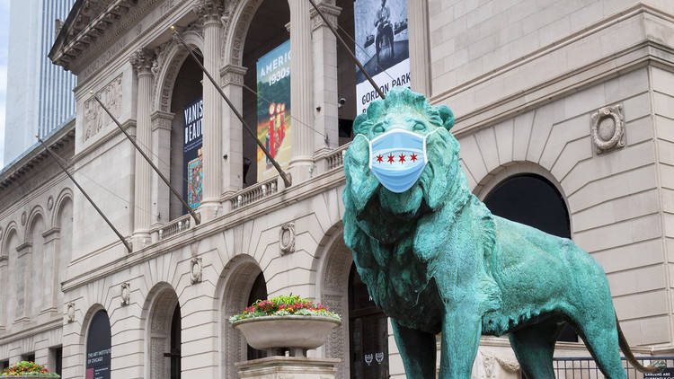 Art Institute lion with face mask