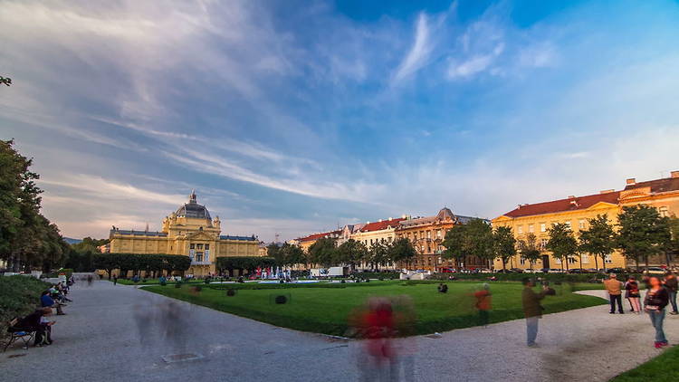 Panoramic timelapse view of Art pavilion at King Tomislav square in Zagreb, Croatia.