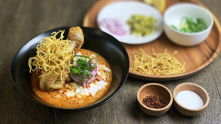 Close up of Khao Soi soup dish