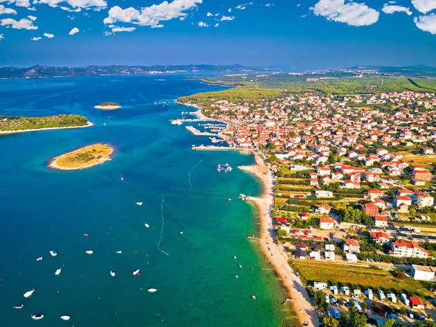 Adriatic town of Pakostane waterfront aerial view