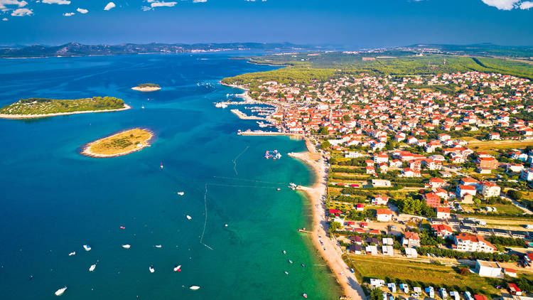 Adriatic town of Pakostane waterfront aerial view