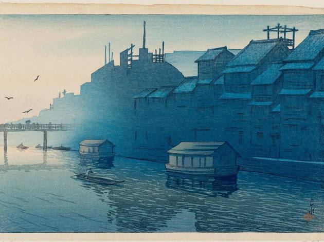 Tabi miyage dai nishū, Ōsaka Dōtonbori no asa Arte, Xilogravura, Shin-hanga, Tabi miyage dai nishū, Ōsaka Dōtonbori no asa, Kawase Hasui