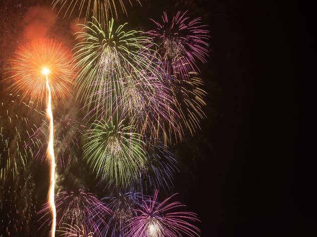 Fireworks in Lake Kawaguchi, Fujikawaguchiko - stock photo Fireworks in Kawaguchiko