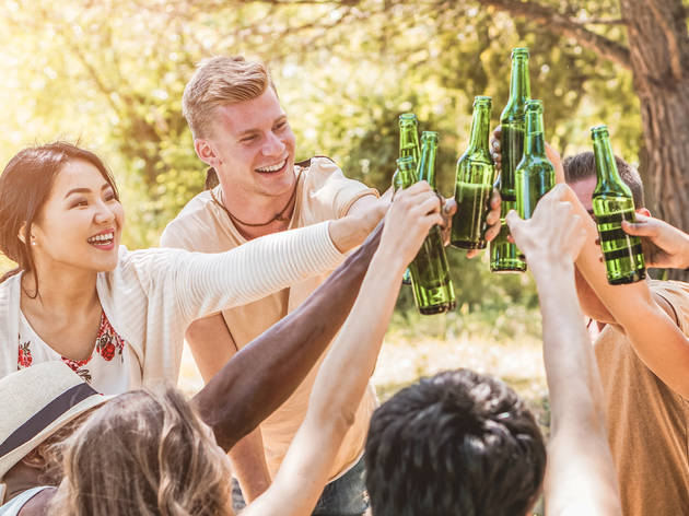 Outdoor gatherings and garden parties could be back on next month group drinking beer in the park