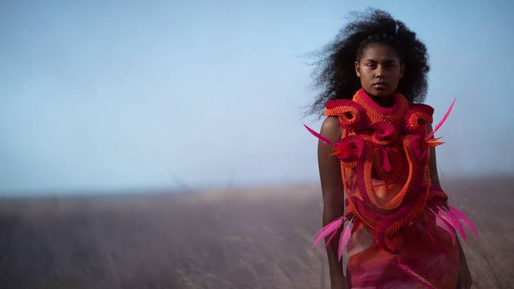 Model Shantel Miskin standing in a wheat-coloured field, against a pale blue sky. She wears a pink and orange dress – it has a textured top half.