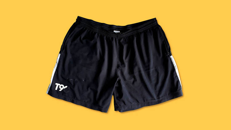 Oversized sports shorts with a ripped undercarriage 