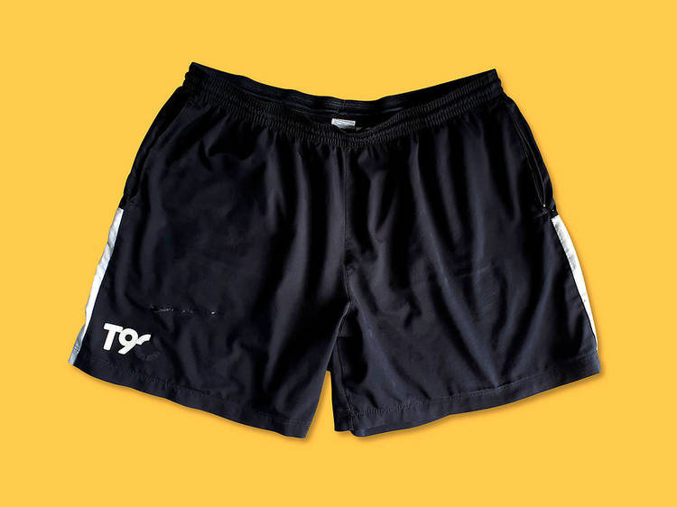 Oversized sports shorts with a ripped undercarriage 