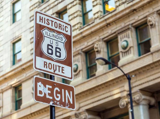 route 66, state street, illinois route 66, downtown, street sign, chicago, shutterstock