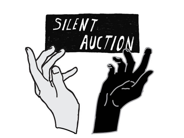 BLM Silent Auction An illustration depicts two hands reaching up, one is light-skinned and one is dark-skinned, above them is a banner with the words "Silent Auction".