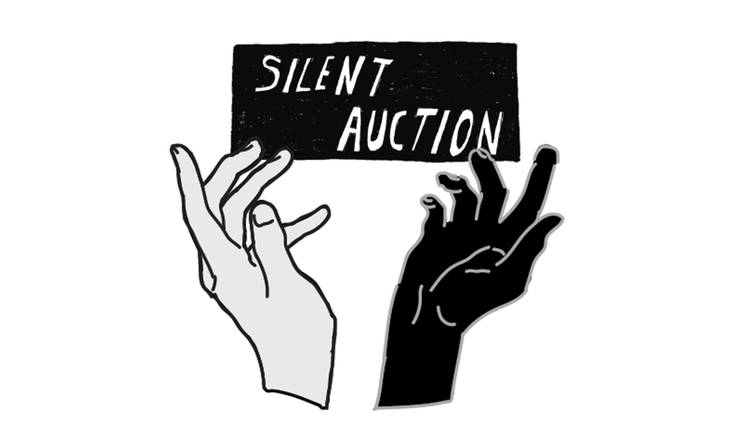 An illustration depicts two hands reaching up, one is light-skinned and one is dark-skinned, above them is a banner with the words "Silent Auction".