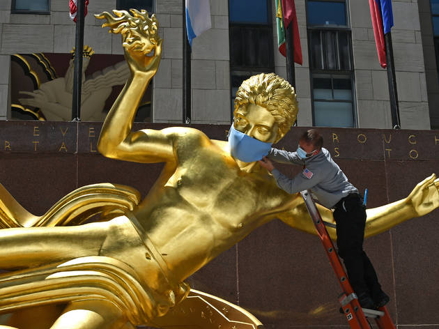 Rockefeller Center Prometheus Mask Rockefeller Center Statues Dressed Wearing Masks to Coincide with New York City Entering Phase Two of Reopening