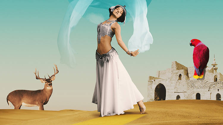 A collage featuring a woman dancing in a desert with a deer and parrot