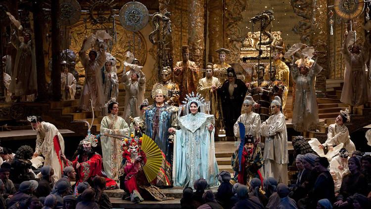 A scene from Act III from Puccini’s “Turandot” with Marcello Giordani as Calàf and Maria Guleghina as Turandot.