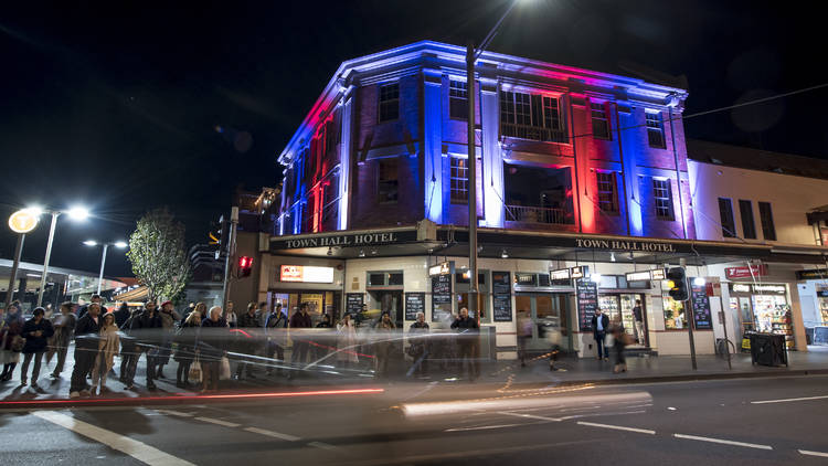 Newtown Town Hall Hotel at night 