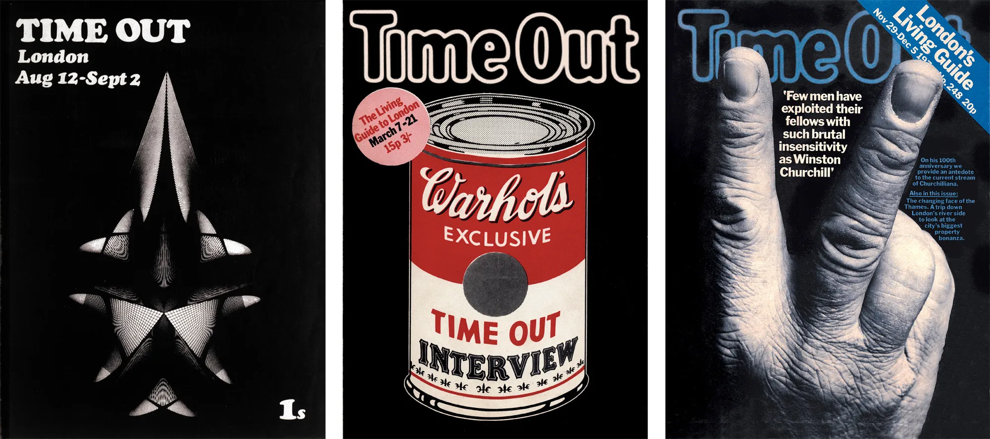 1968-1974 yıllarından Time Out kapakları. Warhol: Pearce Marchbank/Peter Brookes. Churchill: Pearce Marchbank/Roger Perry
