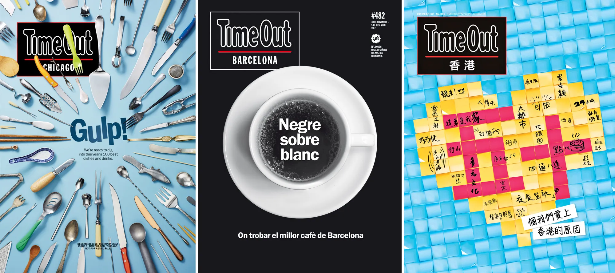 Dünyanın dört bir yanından Time Out kapakları. Chicago: Stephen Meierding. Barcelona: Diego Piccininno. Hong Kong: Phoebe Cheng