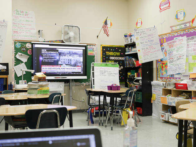 NYC officials push for a delayed start to the 2020–2021 school year empty classroom