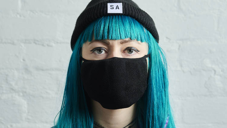 Model wearing St Ali face mask