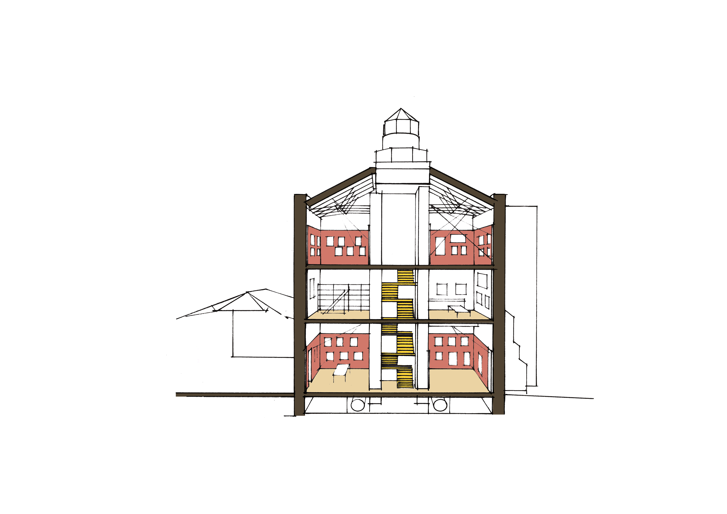 A cut-away of one building on the site