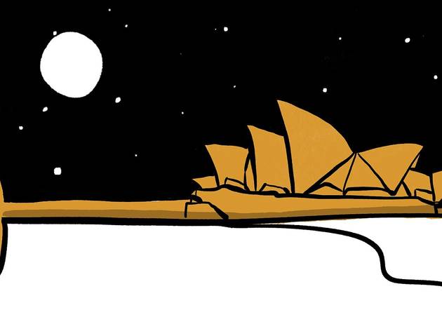 The Trials of Wisdom Ilustration of Sydney Opera House sails as part of a golden key against a night sky