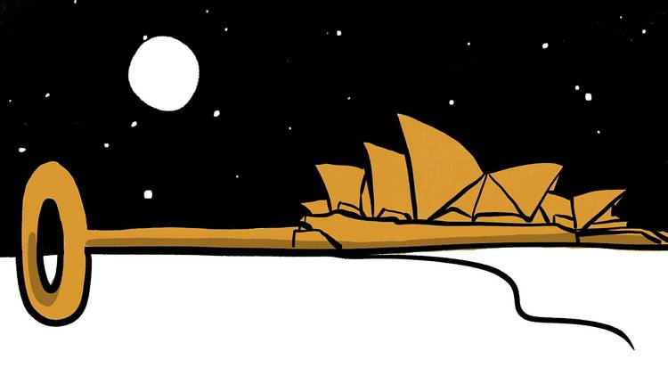 Ilustration of Sydney Opera House sails as part of a golden key against a night sky