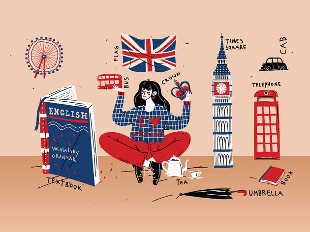 Ilustración de una chica rodeada de elementos ingleses