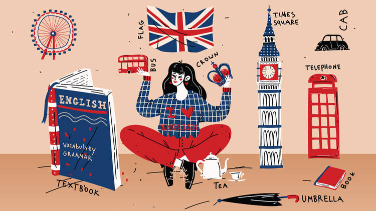 Ilustración de una chica rodeada de elementos ingleses