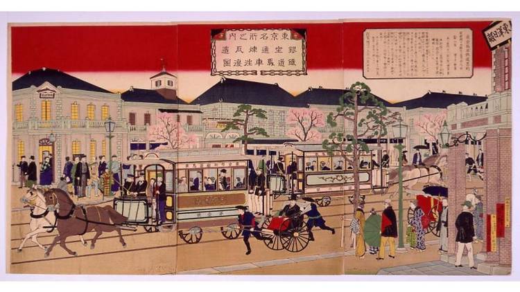 東京名所之内銀座通煉瓦造鉄道馬車往復図 歌川広重(3代)／画 1882年（明治15）