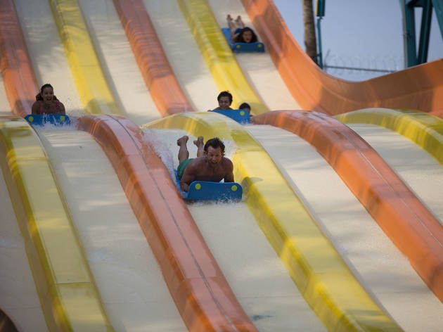 Apertura de Six Flags Hurricane Harbor Oaxtepec Personas deslizándose sobre un tobogán de un parque acuático