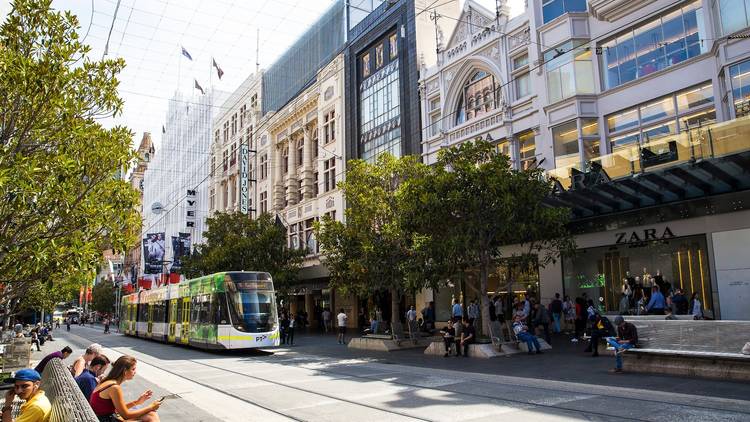 Bourke Street Mall, with tram and people 