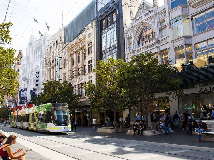 Bourke Street Mall, with tram and people 