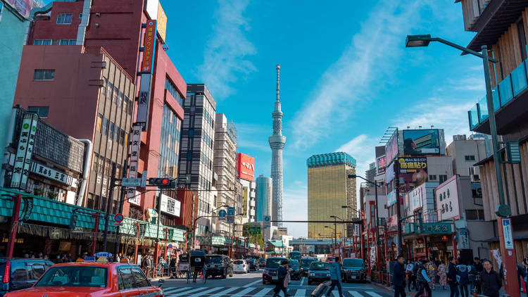 Tokyo Skytree Asahi building blurred 