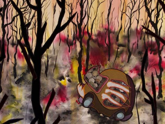 How Good IS Coal by Martin Roberts, Landscapes from the Anthropocene A strange car-like shape in a bright bushfire backdrop