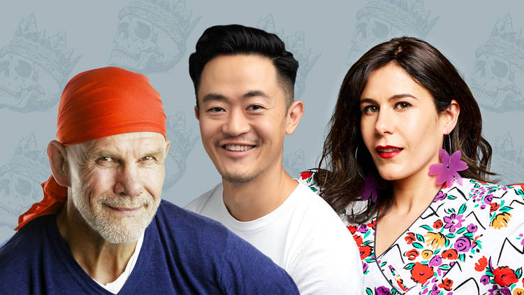 Benjamin Law, Jan Fran and Peter Fitzsimons against a backdrop of skulls wearing crowns